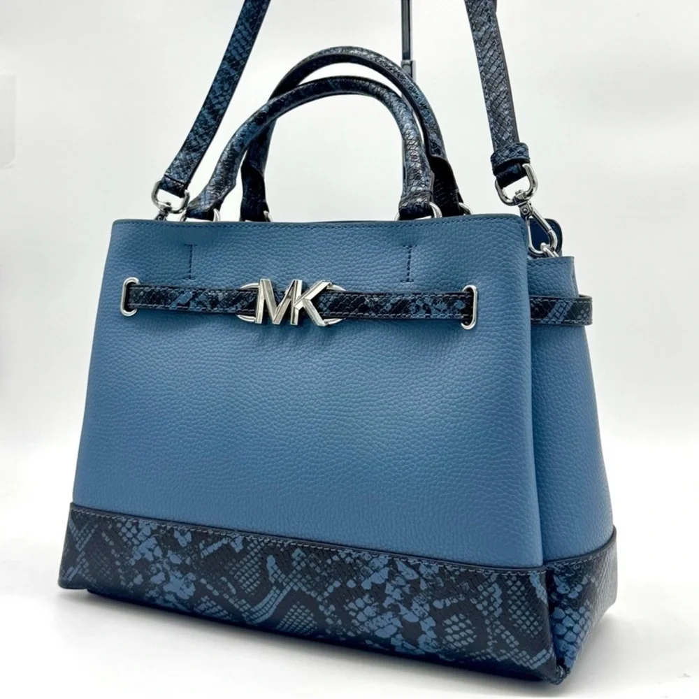 Michael Kors Large Reed Leather Belted Satchel Crossbody Bag Denim Snakeskin